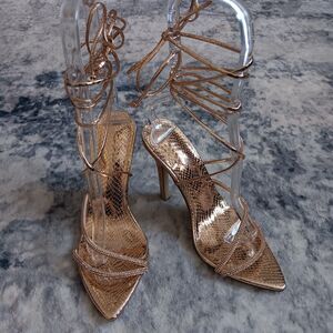 Rose Gold Metallic Snakeskin & Rhinestone Strappy Stilettos Size 6